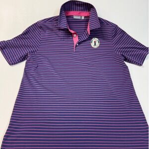 Ashworth Men Size M Golf Polo Shirt Navy Pink Stripe U.S. Open Pinehurst #2 2014